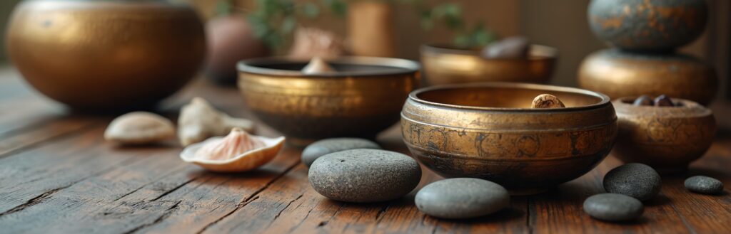 Close-up shot of abstract cultural sound bath instruments. Bronze bowls with stones, shells on wood table. Therapy tools for meditation, relaxation, spiritual practice. Peaceful calm atmosphere. Close-up shot of abstract cultural sound bath instruments. Bronze bowls with stones, shells on wood table. Therapy tools for meditation, relaxation spiritual practice. Peaceful calm atmosphere.
